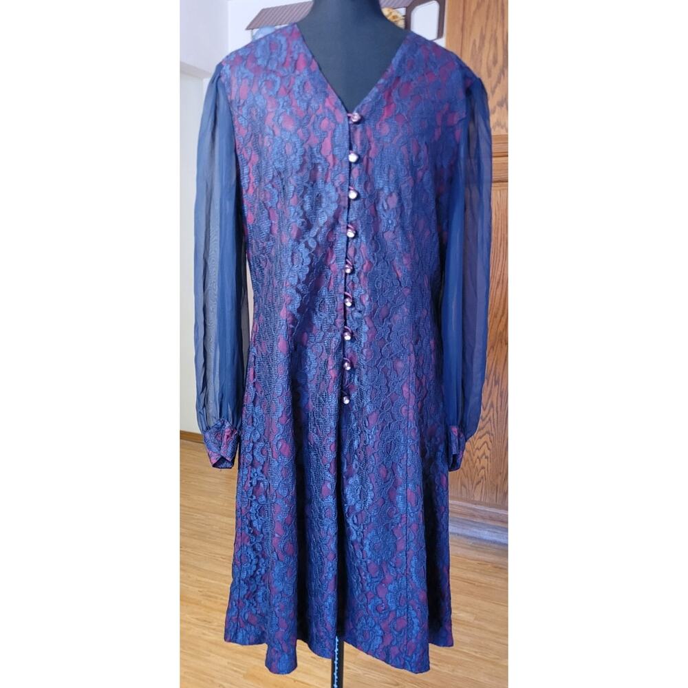 Vtg 80s Dark Academia Dress Sz 16 Navy Lace Red Paisley Sheer Sleeve Gothic Boho